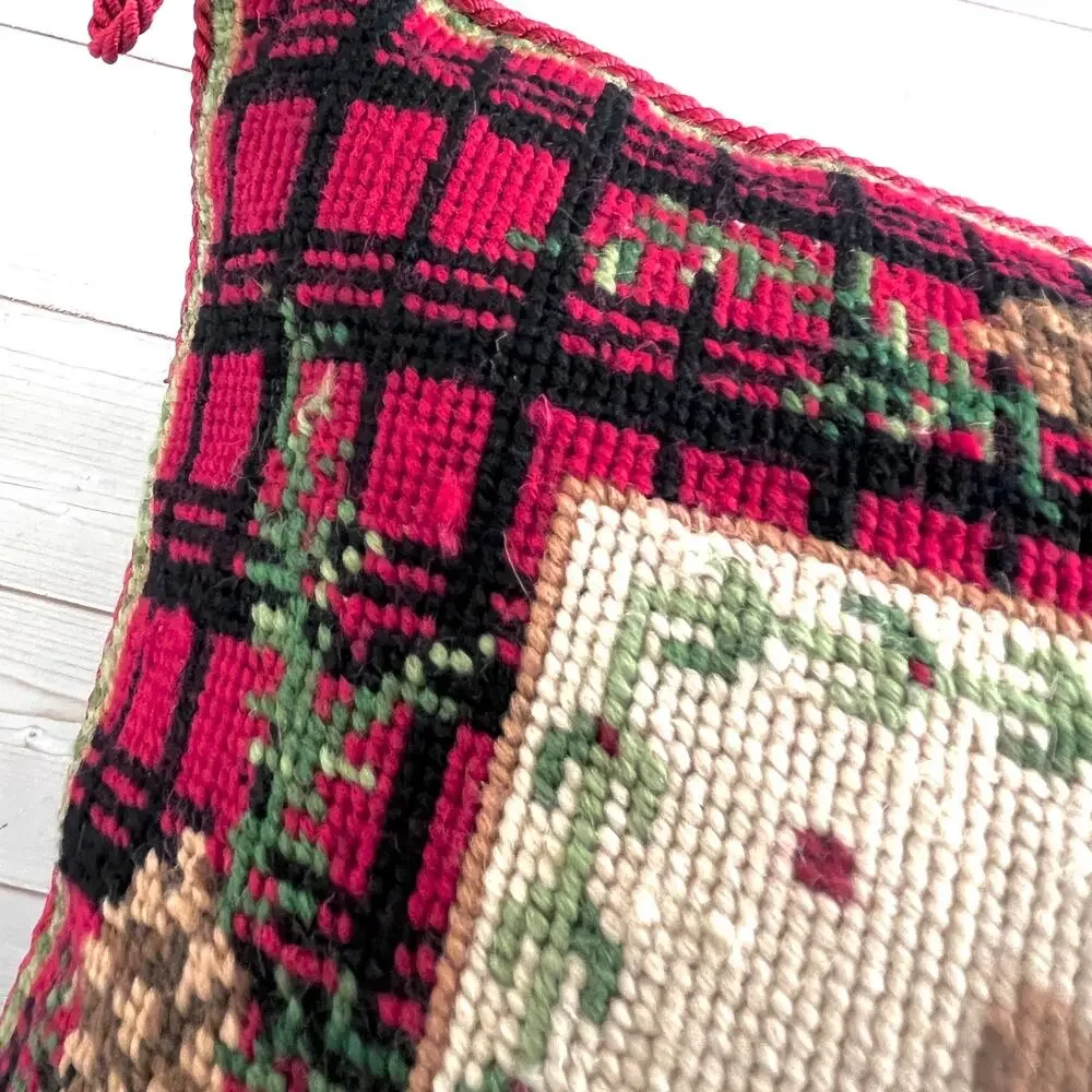 Rustic Pine and Plaid Needlepoint Pillow Braided Trim with Bows Velvety Back